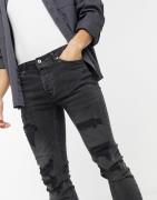 Topman - Skinny jeans med rip og repair i vasket sort
