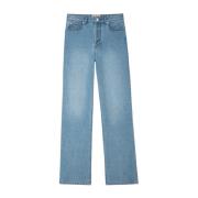Lysblå Flare Jeans med Synlige Bagsting og Metalstropper